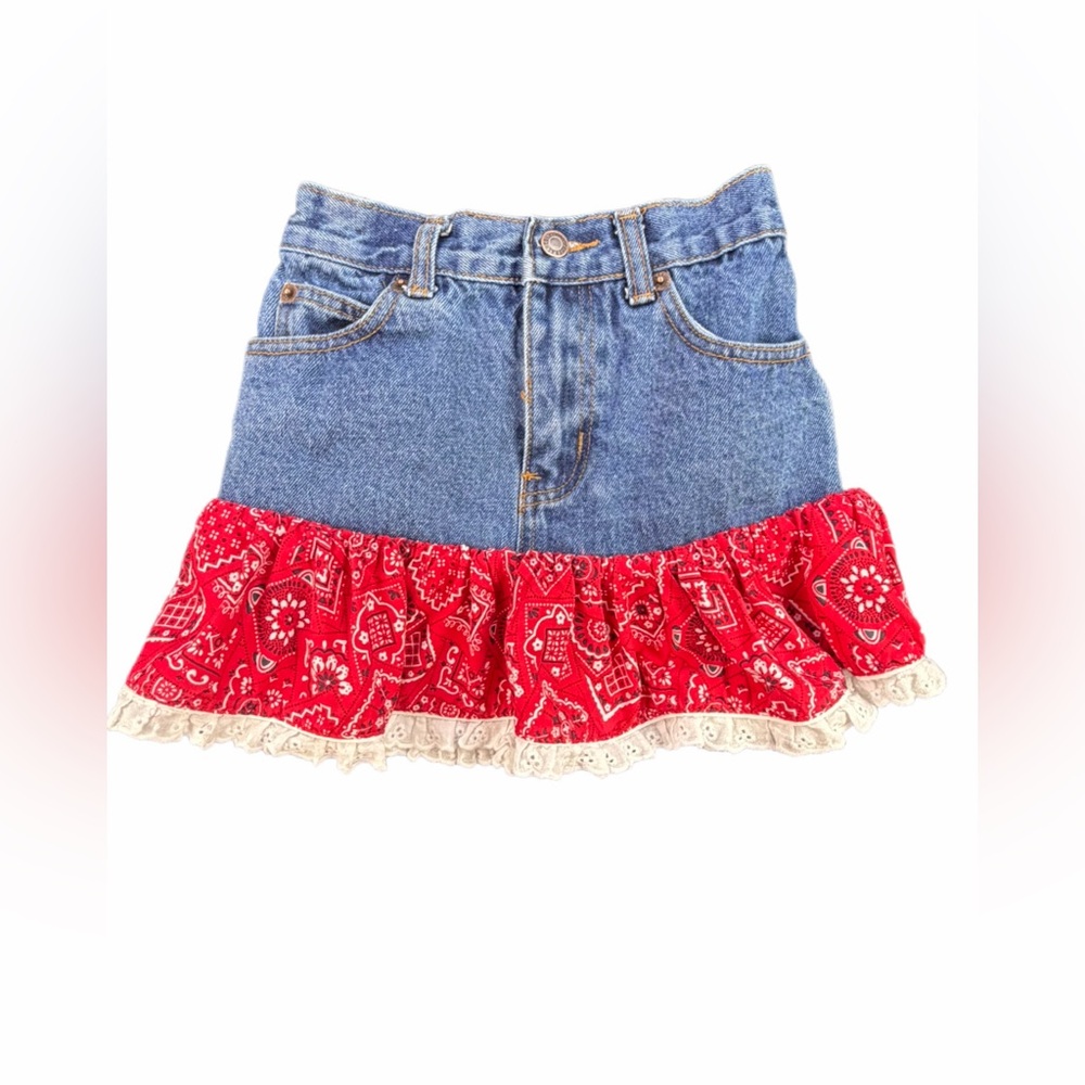 KIDDIE KORRAL Girl’s Bandana Trimmed Denim Mini Skirt with Lace Trim- 6